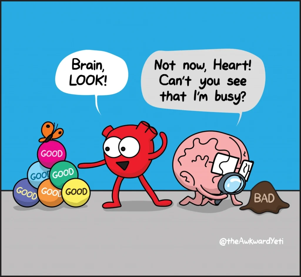 kaksi sarjakuvahahmoa. aivot keskittyvät yhteen huonoon asiaan ja sydän osoittaa kaikkiin asioihin, mitkä ovat hyvin